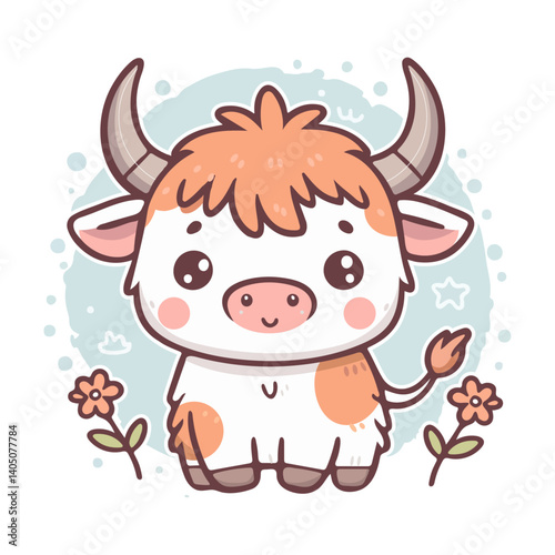 Adorable Kawaii Highland Cow Vector Illustration with Cute Horns, Flowers