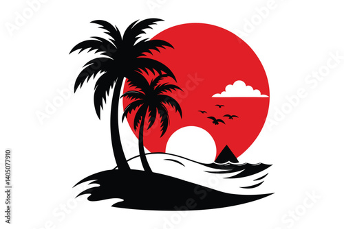 tropical island with palm tree vector illustration