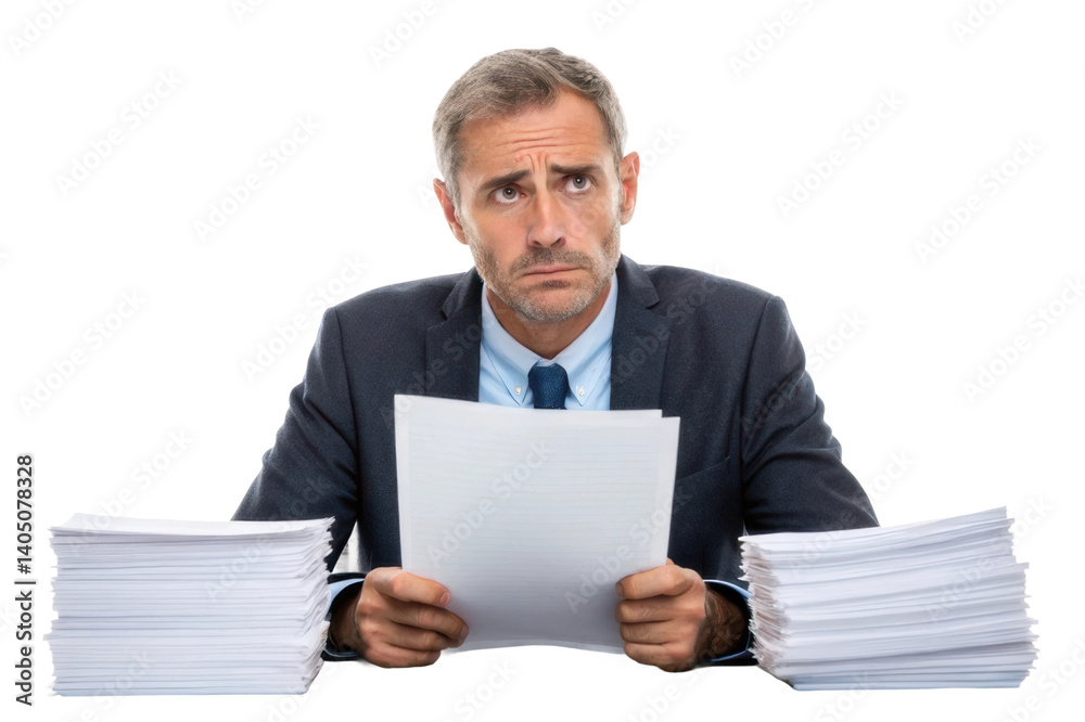 Overwhelmed professional reviewing documents at a cluttered desk during a busy workday Overwhelmed professional reviewing documents at a cluttered desk during a busy workday