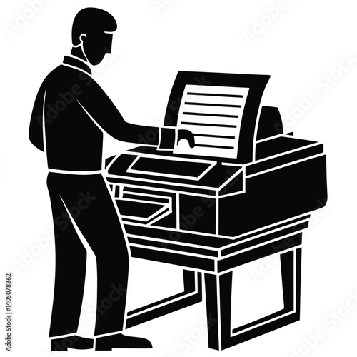 Man Using Copier Machine Vector Illustration: Black and White Office Equipment, Business, Copying, Printing, Silhouette Graphic