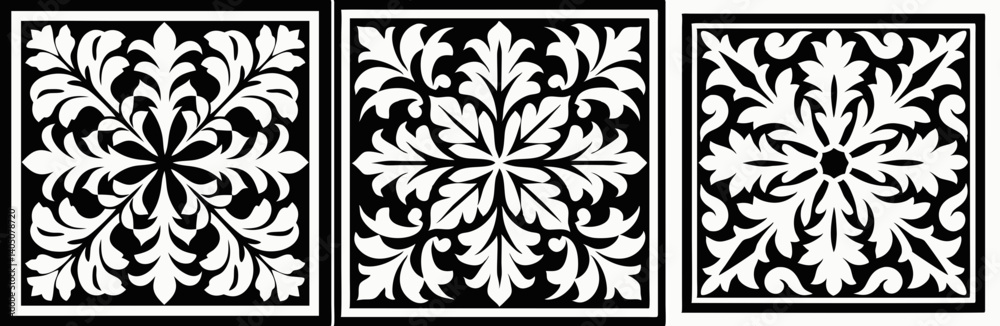 Floral Damask Pattern Set: Three elegant damask patterns in monochrome, featuring intricate floral designs perfect for adding a touch of vintage sophistication to any project. Floral Damask Pattern Set: Three elegant damask patterns in monochrome, featuring intricate floral designs perfect for adding a touch of vintage sophistication to any project.