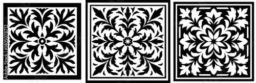 Ornate Floral Tiles:  A striking pattern of three ornate floral tiles showcasing exquisite detail, elegance, and artistic design in symmetrical arrangement, evoking a sense of timeless beauty.