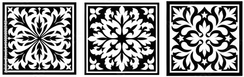 Elegant Floral Pattern Trio: A collection of three intricate square patterns, each a stunning display of monochrome floral design with delicate leaves and symmetrical forms.