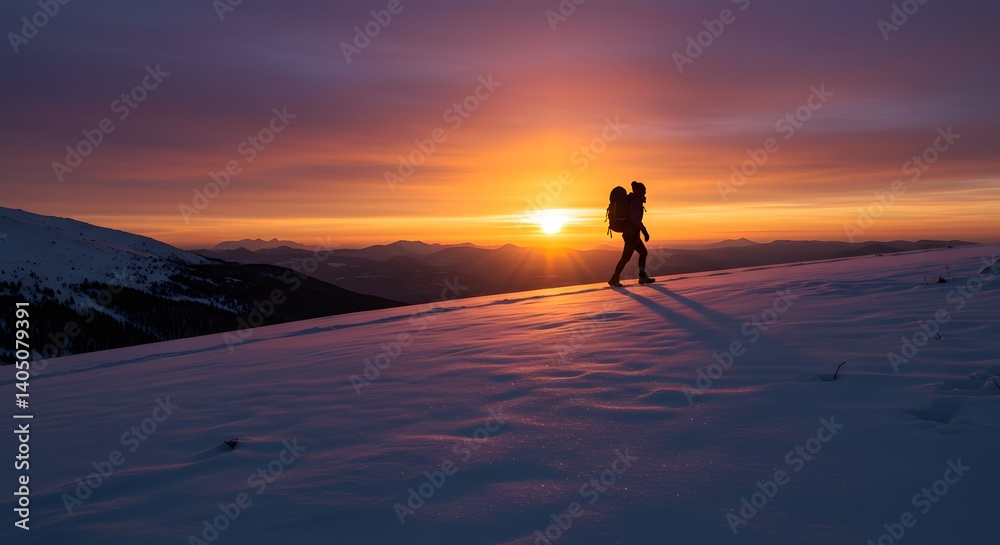 Vibrant Winter Sunset Hike Across Snowy Mountain Ridge Vibrant Winter Sunset Hike Across Snowy Mountain Ridge