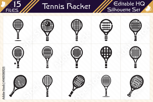 Black Silhouette of Tennis Racket Set Collection for Sports Equipment and Athletic Design Elements