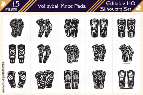 Black Silhouette of Volleyball Knee Pads Set Collection for Protective Sports Gear and Athletic Equipment Design