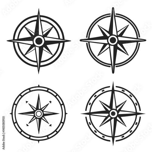 Black compass icon illustrations for travel, geography, or guides