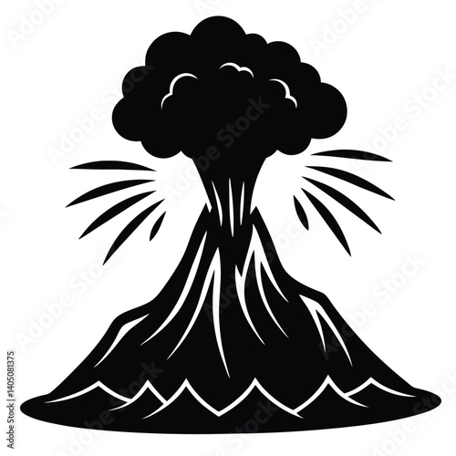 Volcano Eruption Black and White Vector Illustration: Dramatic Mountain Landscape, Natural Disaster, Graphic Design Element
