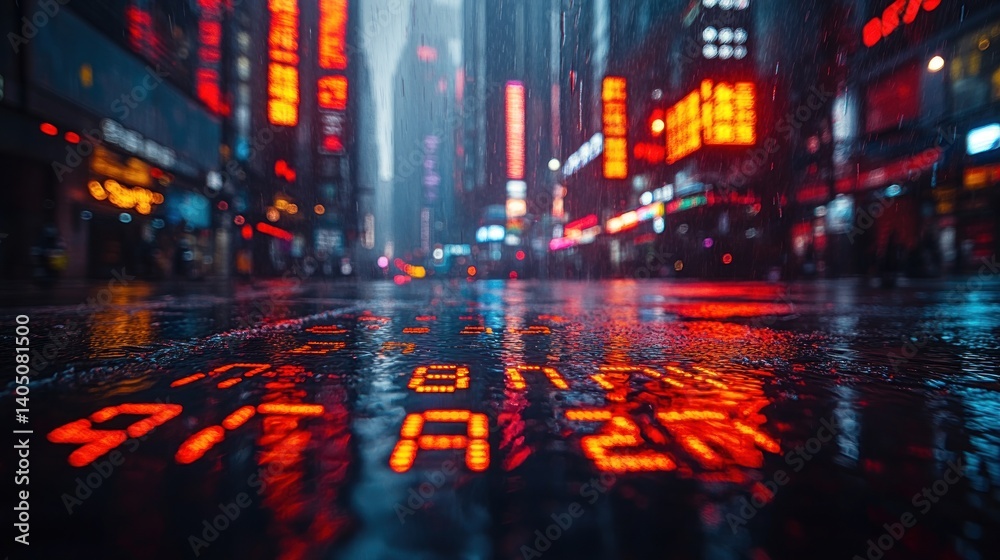 Naklejka premium Rainy Night in the City: Neon Reflections on Wet Asphalt