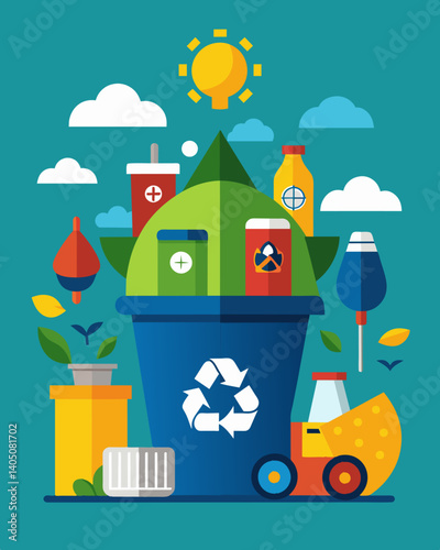 A waste management company collecting and repurposing discarded goods and materials minimizing the need for landfills.. Vector illustration
