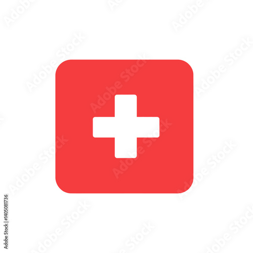 Simple colorful icon of a white plus sign centered on a red rounded square. Represents medical, health, emergency, add, positive, and increase.