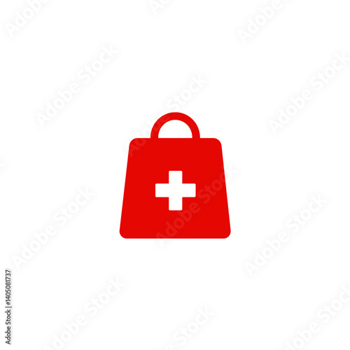 Simple colorful icon of a red bag with a white plus sign. Represents a first aid kit, medical assistance, emergency supplies, and healthcare.