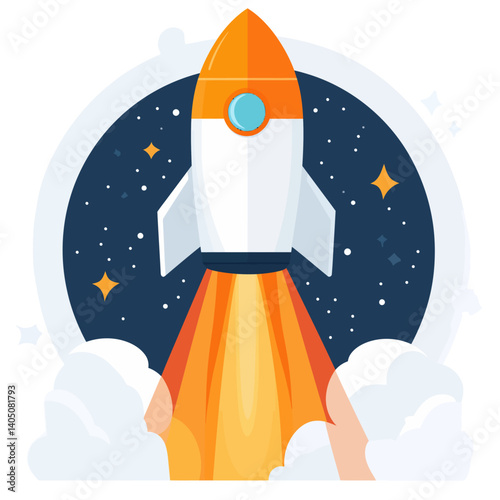 Vibrant cartoon illustration of a white and orange rocket ship launching upwards with bright yellow and orange flames, set against a dark blue circular background with stars.