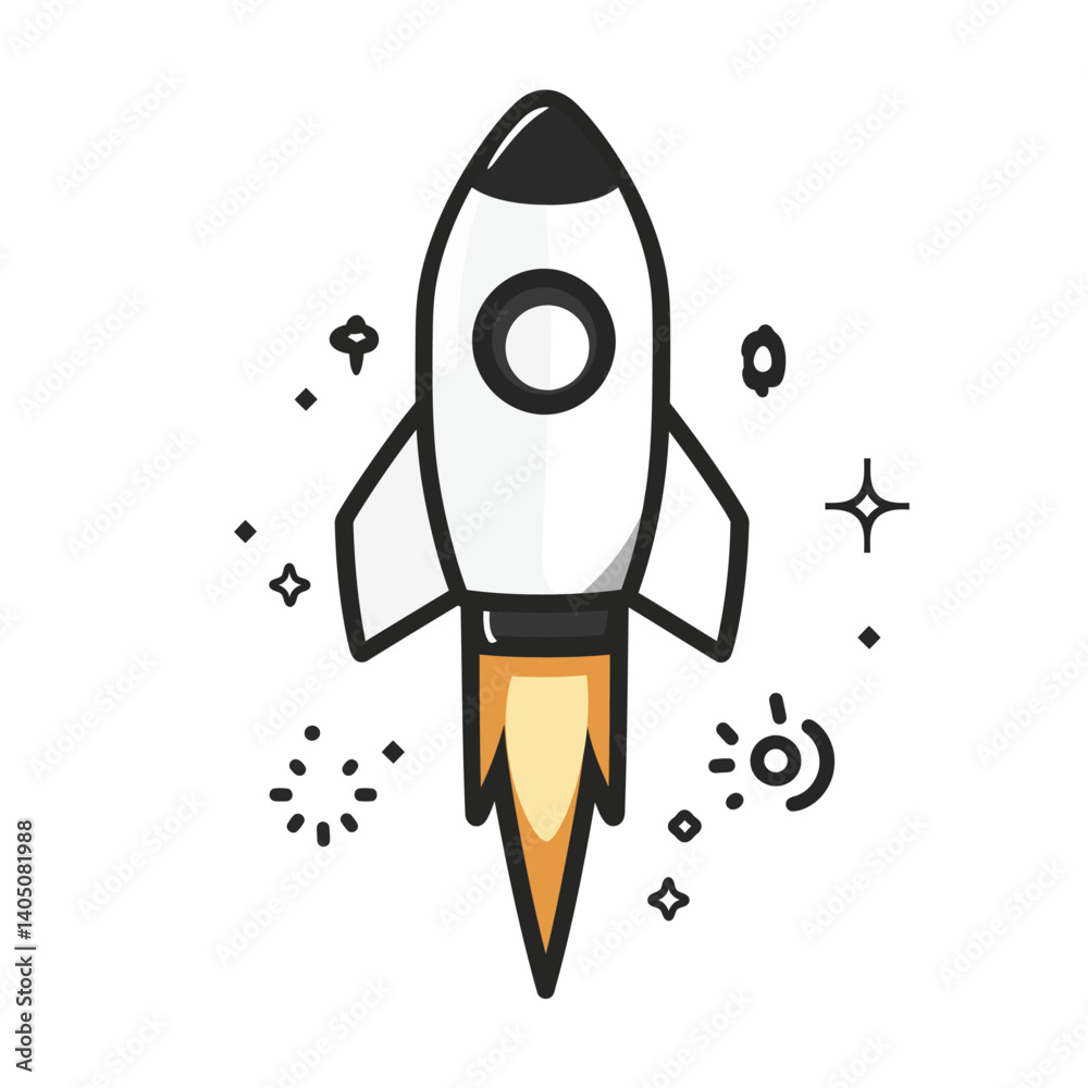 Clean and minimalist illustration of a white and black rocket ship launching upwards with yellow and orange flames, surrounded by small decorative sparkles. Represents startup, progress, and a simple, Clean and minimalist illustration of a white and black rocket ship launching upwards with yellow and orange flames, surrounded by small decorative sparkles. Represents startup, progress, and a simple,