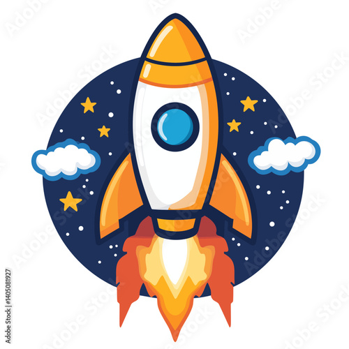Vibrant cartoon illustration of a white and orange rocket ship launching upwards with bright yellow and orange flames, set against a dark blue circular background with stars.