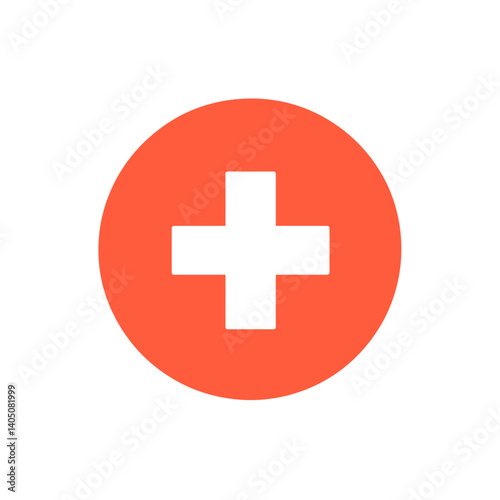 Simple colorful icon of a white plus sign centered on a red circle. Represents medical, health, emergency, add, positive, and increase.