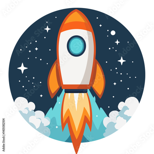 Vibrant cartoon illustration of a white and orange rocket ship launching upwards with bright yellow and orange flames, set against a dark blue circular background with stars.