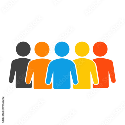 Simple colorful icon of a group of five people in black, orange, blue, yellow, and red. Represents teamwork, community, diversity, and collaboration.