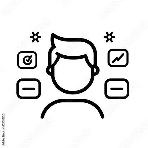 Black outline icon of a user's head and shoulders surrounded by data-related symbols: a checkmark in a rounded square, a line graph in a rounded square, and two minus signs in rounded squares.