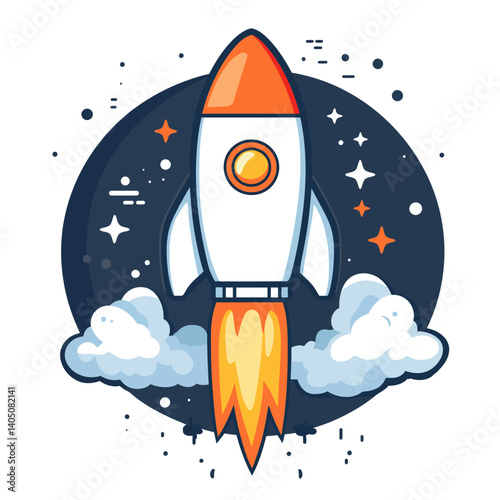 Vibrant cartoon illustration of a white and orange rocket ship launching upwards with bright yellow and orange flames, set against a dark blue circular background with stars.