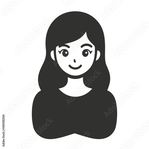 Simple black silhouette icon of a smiling woman with shoulder-length hair. Represents a female user, profile, or a positive and friendly persona.