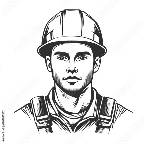 Monochrome portrait illustration of a serious-looking man with a beard wearing a hard hat. Represents construction, engineering, manual labor, and skilled trades.