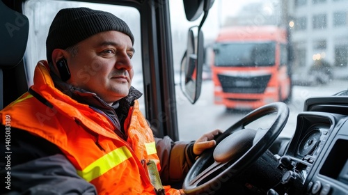 A focused truck driver wearing a reflective vest and headset grips the steering wheel, looking out at a rainy day