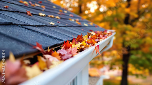 Natural Fall Scene with Leaves in Gutter for Home Care Roof View