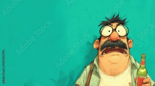 Caricature of a funny man with a surprised expression holding a beer bottle, humor concept