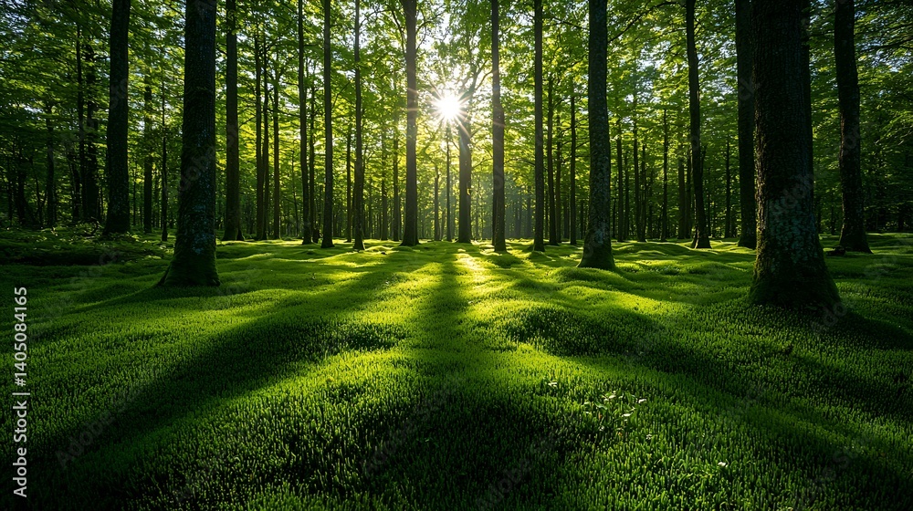 Fototapeta premium Sunlight streams through mossy forest floor