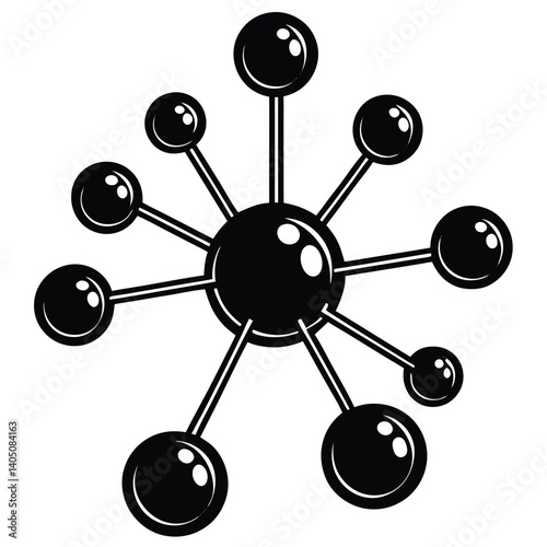 Abstract Atomic Structure Illustration: Black & White Molecule Model with Spheres and Rods - Science & Technology Graphic