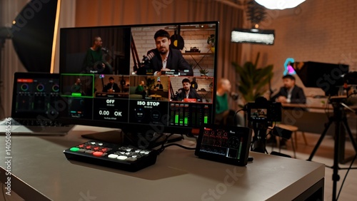 Tablou pe pânză Professional Video Production Studio with Diverse Broadcasting Equipment