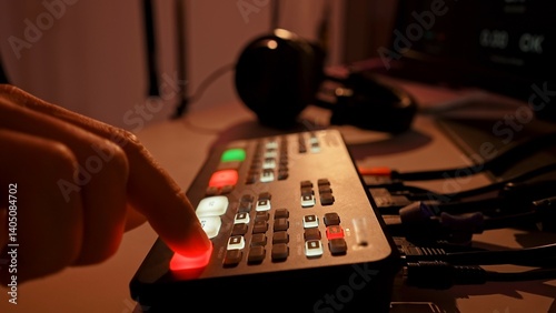 Obraz na płótnie Finger Pressing Button on a Professional Audio Mixer