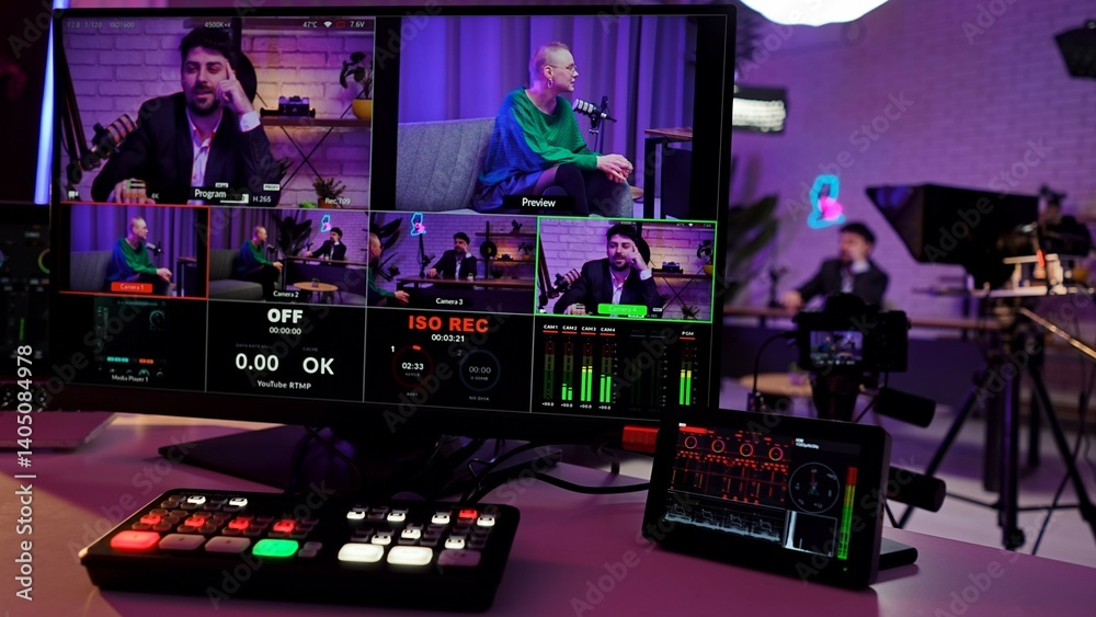 Fototapeta premium Professional Video Production Studio with Diverse Broadcasting Equipment