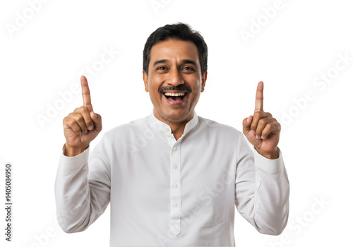 Happy Man Pointing Up Stock Photo isolated on transparent background