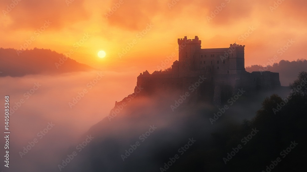 Obraz premium Majestic medieval castle atop a misty mountain at sunrise.