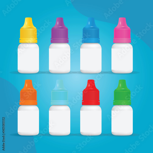 Drops Bottle Showcase: Eight Colorful Infant Bottles with Mixed Caps Arranged Neatly on a Calming Blue Background