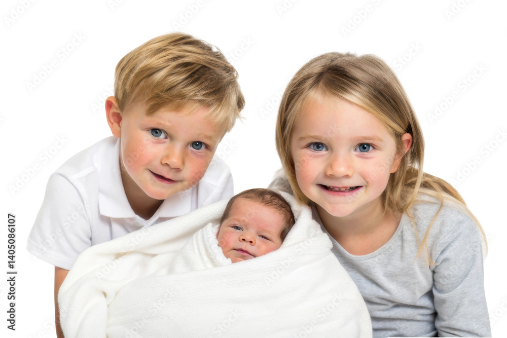 Sibling bonding with newborn baby wrapped in blanket during joyful family moments Sibling bonding with newborn baby wrapped in blanket during joyful family moments