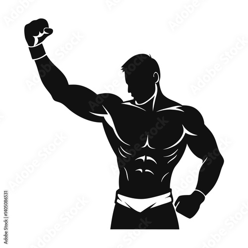 realistic silhouette of a boxer saluting the crowd, one hand raised, confident pose vector illustration