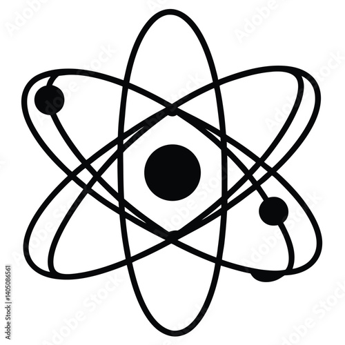 Atom Symbol Illustration: Black and White Graphic of Atomic Structure, Physics Icon, Science Education Image