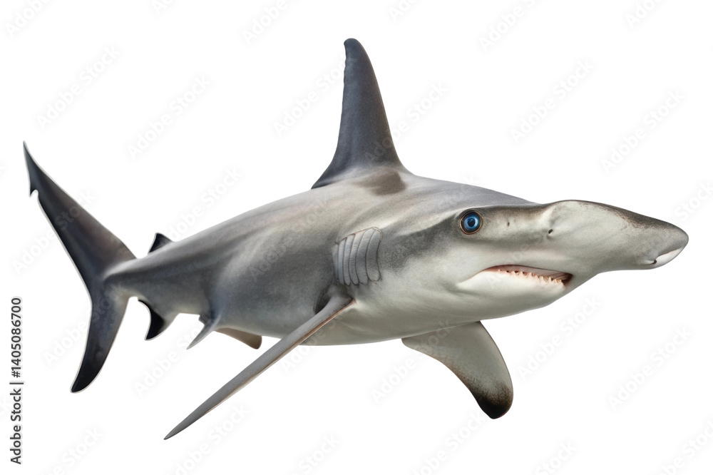 Fototapeta premium Hammerhead shark swimming in ocean waters showcasing its unique head structure and predatory agility for marine enthusiasts