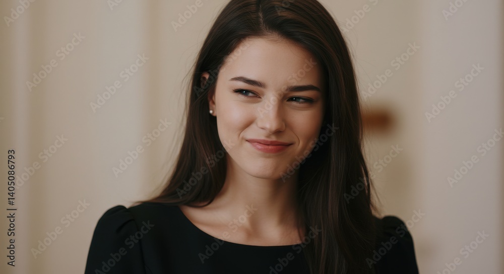 Young woman smiling warmly in an elegant setting with soft lighting Young woman smiling warmly in an elegant setting with soft lighting