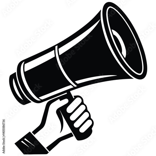 White background megaphone icon in hand for public speaking graphics