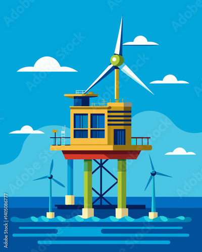 An offshore platform adorned with large tidal turbines capturing the energy of the oceans tides to produce electricity.. Vector illustration