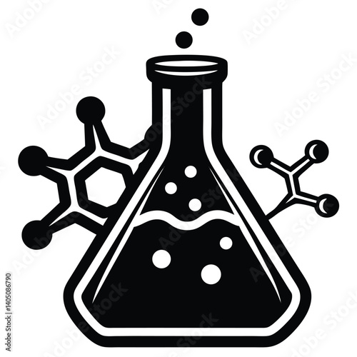 Black and White Chemistry Icon: Erlenmeyer Flask, Bubbles, and Molecular Structures - Science Lab Illustration