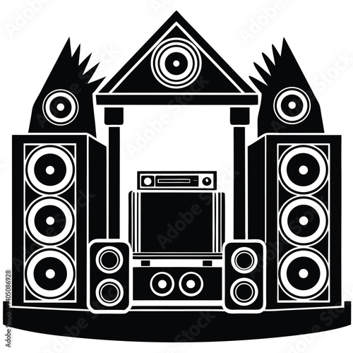 Black and White Vector Illustration of a Home Entertainment System with Speakers, TV, and Audio Equipment for Graphic Design Projects