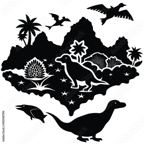 Black and White Dinosaur Silhouette Illustration: Prehistoric Landscape with Dinosaurs, Palm Trees, Mountains, and Flying Reptiles Art