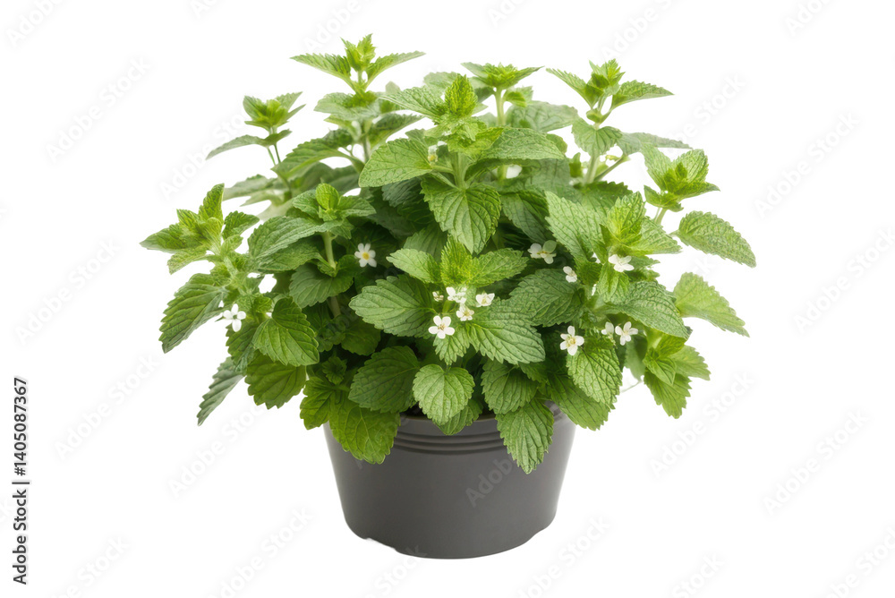 Fresh mint plant with green leaves and small white flowers in a black pot for culinary and decorative use Fresh mint plant with green leaves and small white flowers in a black pot for culinary and decorative use