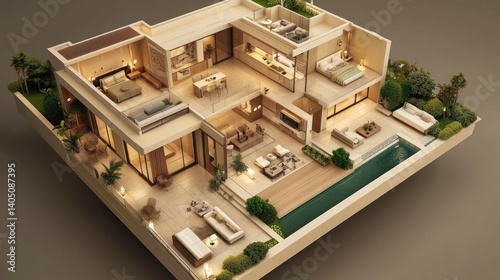 Contemporary house cross-section with upscale design and lavish outdoor living