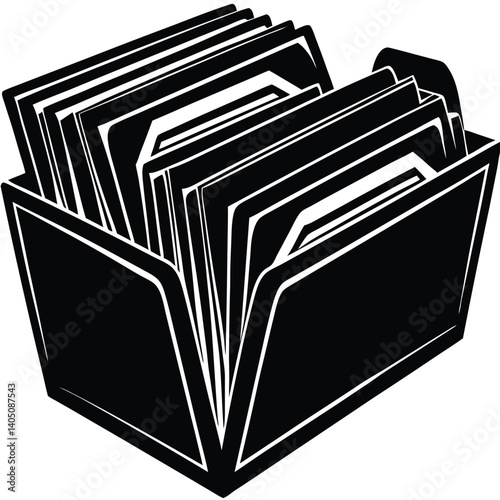 Black and White Illustration of a File Box Filled with Organized Documents and Folders for Business and Office Management